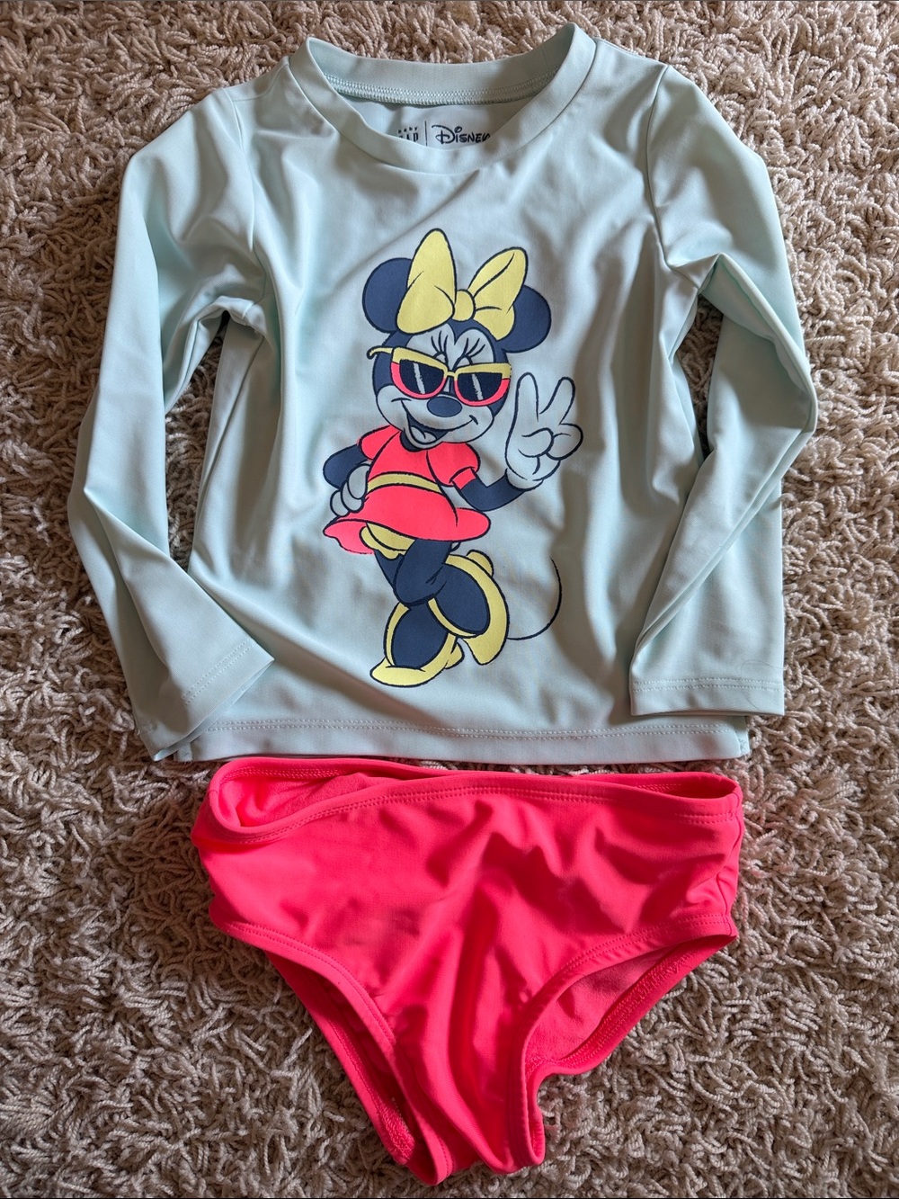 Gap Disney Girls' Mint Minnie Mouse Rash Guard Swim Set with Pink Bottoms
